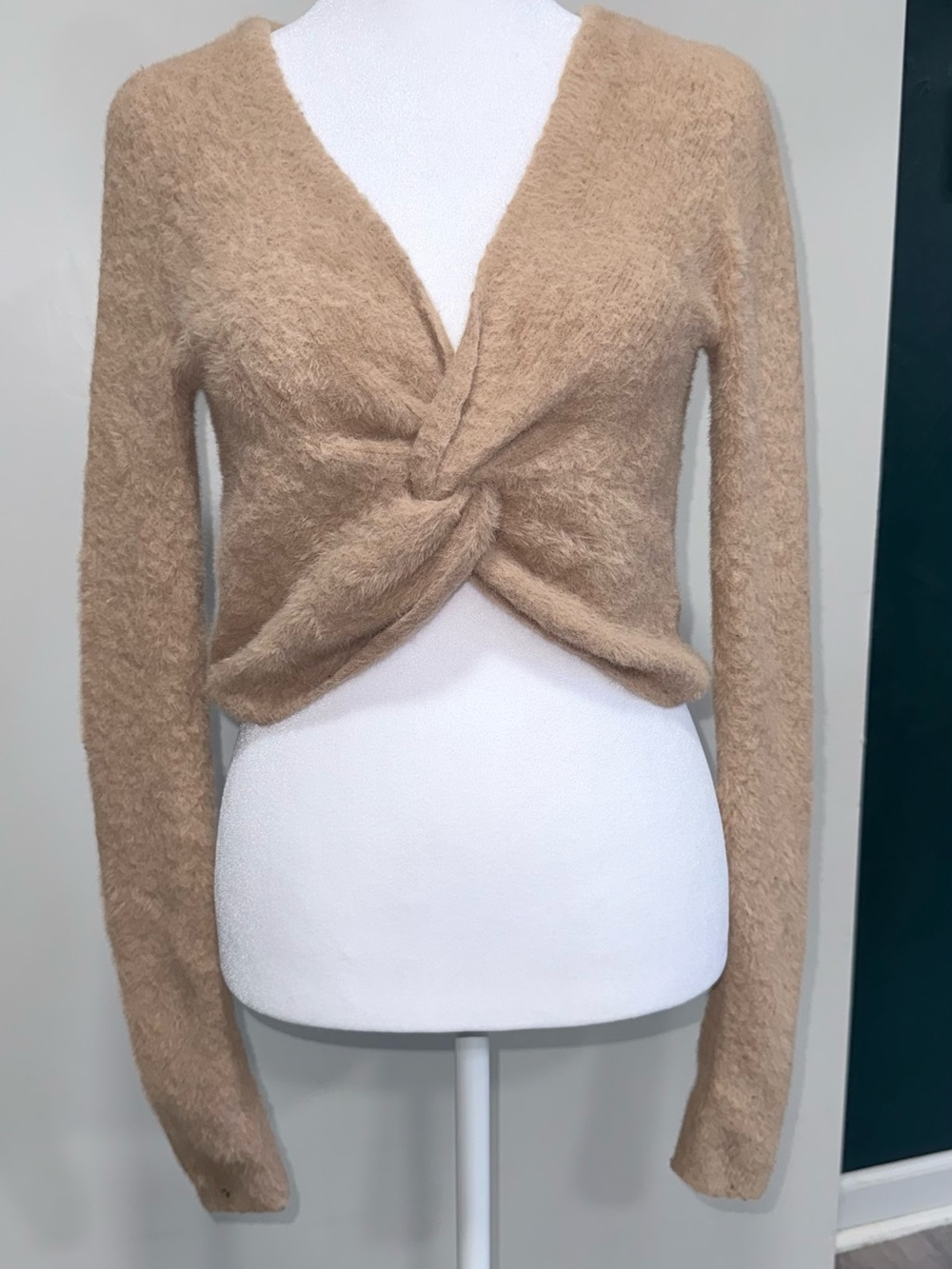 aerie Cropped Twist-Front V-Neck Sweater - Tan